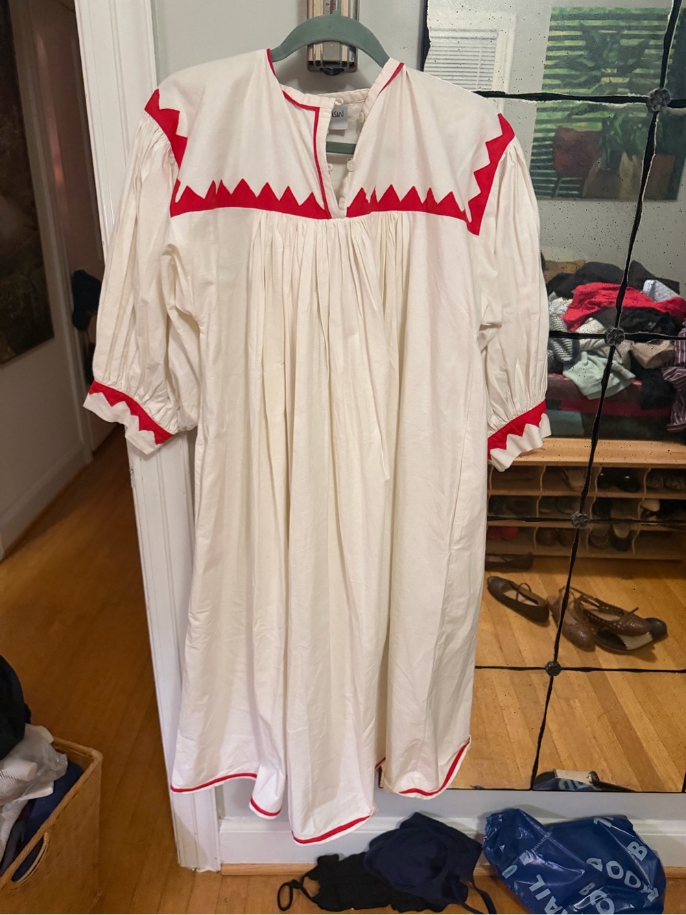 White Cotton Midi Dress with Red Zigzag Trim - Women - Picture 4 of 11